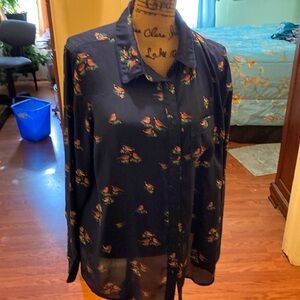 Dark blue with birds decoration long sleeves collared button up top